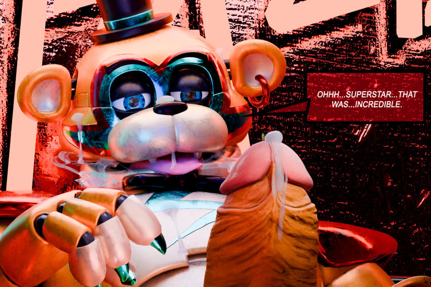 animatronic anthro bear biceps blue_eyes blue_nails bowtie cock_piercing cum_drip cum_on_own_face english_dialogue english_text facial_markings five_nights_at_freddy's five_nights_at_freddy's:_security_breach fnaf glamrock_freddy_(fnaf) machine male male/male male_focus male_only micro muscular muscular_anthro muscular_male non_human post_orgasm robot robot_humanoid scottgames spiked_bracelet spiked_cock_ring steamy_breath steel_wool_studios story_at_source tan_body top_hat two_tone_body ursid ursid_humanoid ursine veem0n yhoali_xxx