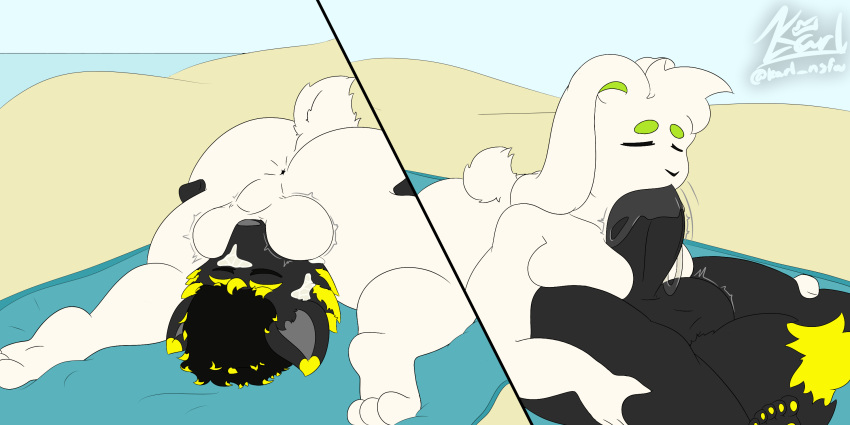 2:1 3_toes 4_fingers 5_toes 69_position anthro anubian_jackal anubis_bitar_(cubananubis) anus ass balls beach big_balls big_penis black_body black_fur black_hair bodily_fluids breasts canid canine canis cheek_tuft closed_eyes cum cum_in_mouth cum_inside cum_on_face day dipstick_ears dipstick_tail duo facial_tuft feet fellatio fingers fur genital_fluids genitals gynomorph gynomorph/male gynomorph_on_top hair hi_res intersex intersex/male intersex_on_top jackal karlthefirst lagomorph leporid lying male mammal markings motion_lines multicolored_ears multicolored_tail nude on_back on_top oral oral_penetration outside penetration penile penis rabbit rear_view roflkaapter saliva seaside sex signature spread_butt spreading toes tuft white_body white_fur yellow_markings