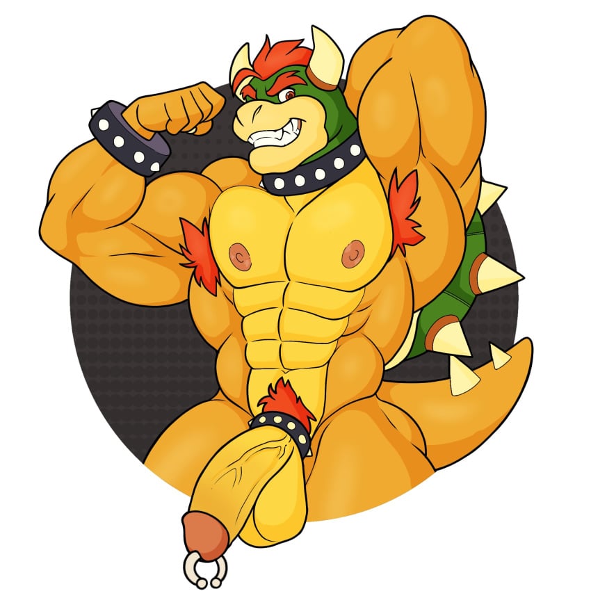 1boy 2_horns abs accessory anthro armpit_hair balls big_muscles body_hair bowser cock_ring collar flexing genital_piercing genitals green_body hair hand_behind_head happy_trail hi_res horn humanoid_genitalia humanoid_penis jewelry koopa male male_only mario_(series) muscular muscular_anthro muscular_male nandarazzi nintendo nipples orange_balls pecs penis penis_accessory penis_jewelry penis_piercing piercing pink_nipples prince_albert_piercing pubes red_eyes red_hair scalie smile solo spiked_collar spiked_tail spikes spikes_(anatomy) tail vein veiny_penis yellow_body