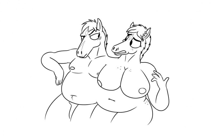 anthro belly bojack_horseman bojack_horseman_(character) conjoined duo equid equine female hollyhock_manheim-mannheim-guerrero-robinson-zilberschlag-hsung-fonzerelli-mcquack_(bojack_horseman) horse male mammal monochrome netflix theyton wide_dicephalous