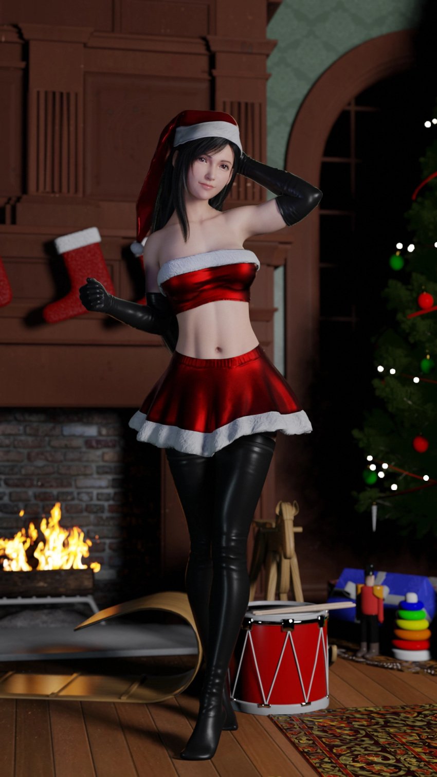 3d 3d_model black_hair christmas christmas_hat christmas_outfit christmas_skirt christmas_stocking christmas_tree elbow_gloves final_fantasy final_fantasy_vii final_fantasy_vii_remake fireplace fit_female gloves hourglass_figure leather_boots leather_gloves living_room long_hair looking_at_viewer posing posing_for_the_viewer red_eyes santa_hat skirt thigh_boots thighhighs tifa_lockhart toys tubetop