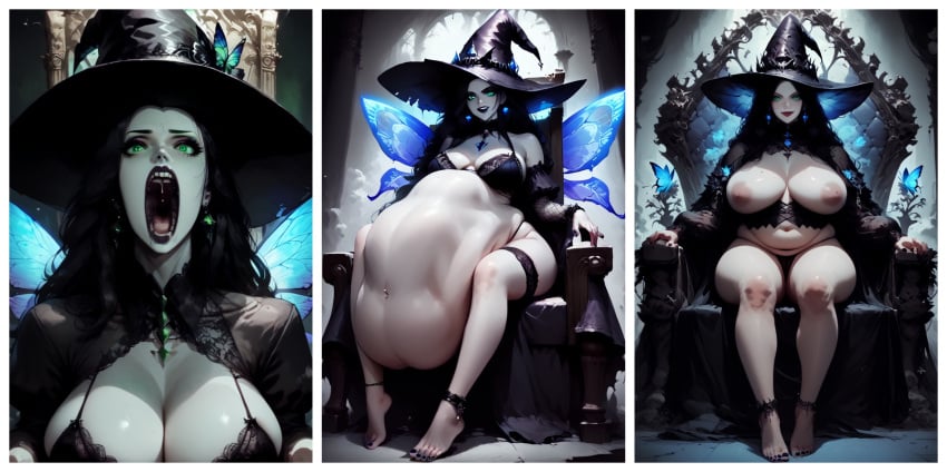 ai_generated belly_bulge fairy fairy_wings fairy_woman goth goth_girl halloween halloween_theme imprint outline prey_bulge throne vore weight_gain willing_prey witch witch_costume witch_hat