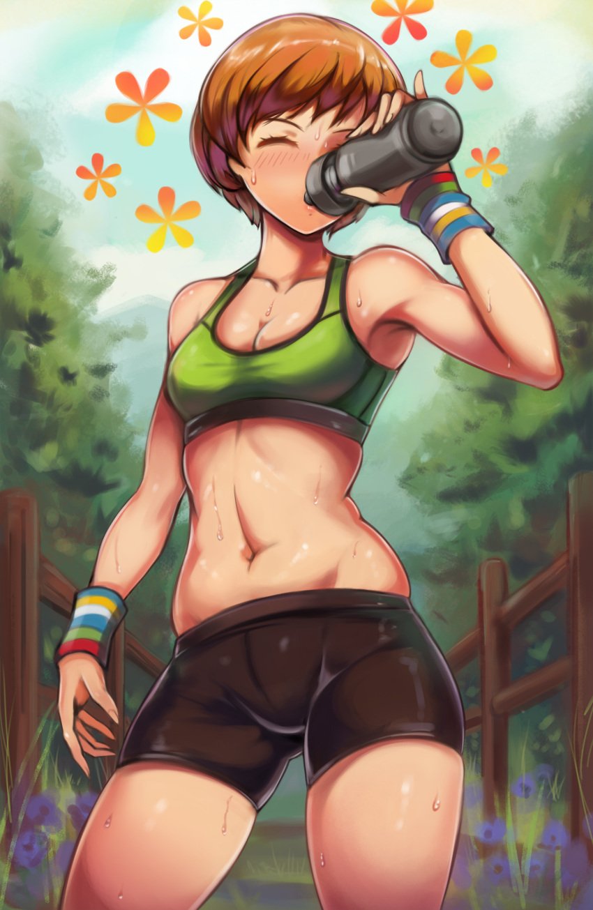 1girls absurdres black_shorts blue_sky blush bottle brown_hair cleavage closed_eyes commentary cowboy_shot drinking female fence flower_(symbol) grass highres navel persona persona_4 satonaka_chie short_hair shorts skindentation sky solo sports_bra stomach sweat thighs toasty_scones tree water_bottle wrist_cuffs