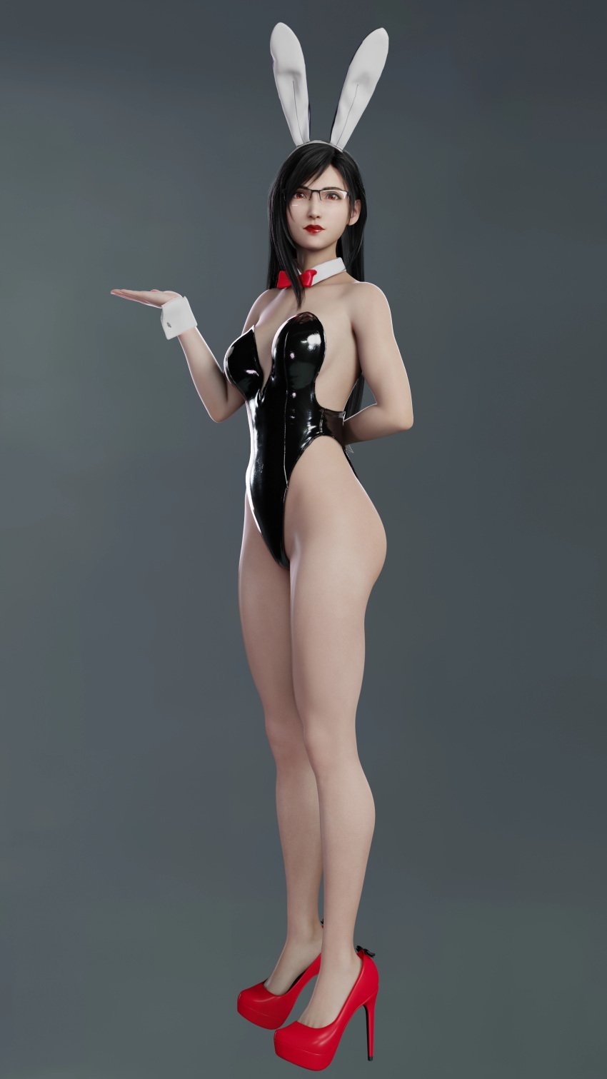 3d 3d_model black_hair bunny_ears bunnysuit collar cuffs_(clothing) fake_animal_ears final_fantasy final_fantasy_vii final_fantasy_vii_remake fit_female glasses high_heels lipstick long_hair looking_at_viewer posing posing_for_the_viewer red_eyes red_high_heels red_lips red_lipstick red_ribbon revealing_clothes ribbon simple_background stiletto_heels tifa_lockhart