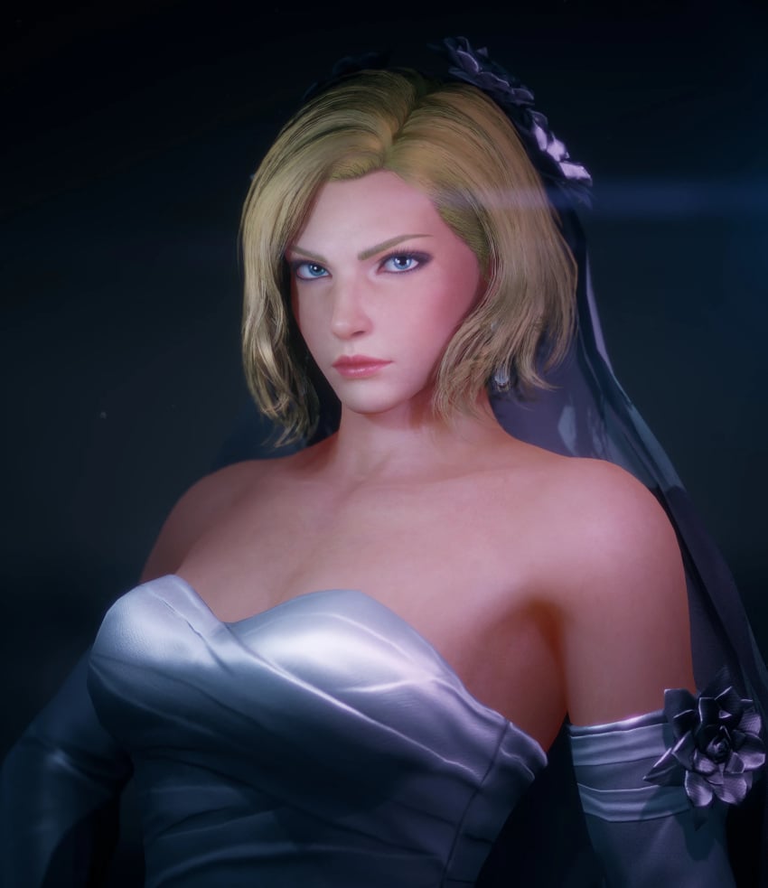 1girls 3d 3d_(artwork) artist_request big_breasts blonde_female blonde_hair blonde_hair_blue_eyes blonde_hair_female blue_eyes breasts bridal_veil bride bride_gown cleavage clothed_female clothing earrings female female_only fighting_game irish_female light-skinned_female light_skin looking_at_viewer nina_williams short_hair short_hair_female solo solo_female tekken tekken_8 video_game_character video_game_franchise