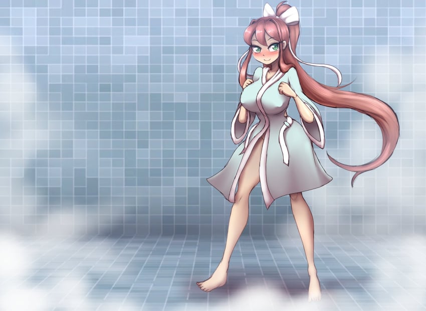 1girls 2024 anime_style bathrobe big_breasts blush breast_expansion breasts color doki_doki_literature_club expansion female female_only green_eyes hi_res high_resolution highres human human_only just_monika large_breasts looking_at_viewer metachoke monika_(doki_doki_literature_club) nipple_bulge not_furry sequence shower showering smile smiling_at_viewer solo solo_female white_bow