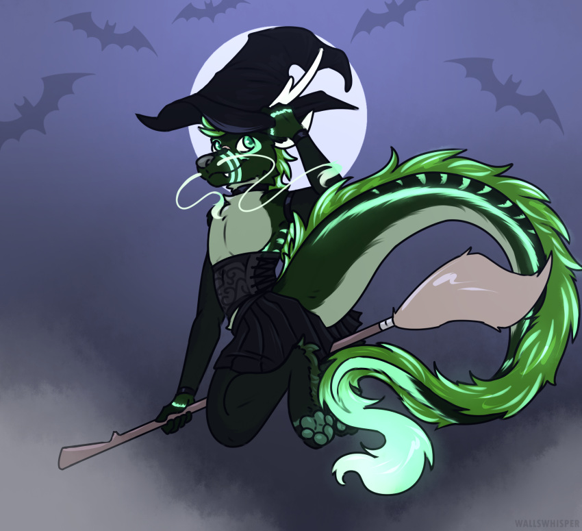 anthro bottomwear broom cleaning_tool clothing dragon eastern_dragon femboy hi_res horn long_tail looking_at_viewer magic_user male mythological_creature mythological_scalie mythology pawpads scalie skirt smile solo tail wallswhisper witch