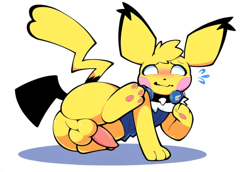 ai_generated anthro anthrofied ass backsack balls blush bottomless clothed clothing collar erection feral generation_2_pokemon genitals hellsonger hi_res male nintendo penis pichu pikachu pokemon pokemon_(species) pokemorph semi-anthro simple_background solo white_background yellow_balls yellow_body yellow_fur