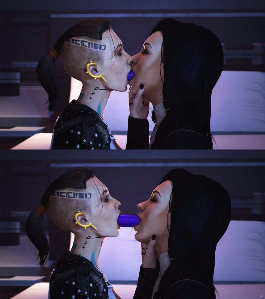 2girls 3d black_hair comic dildo dildo_in_mouth dildo_kiss double_dildo_deepthroat female female_focus female_only jack_(mass_effect) kissing lesbian_kiss lipstick long_hair loose_hair makeup mass_effect miranda_lawson nail_polish ponytail saliva saliva_string saliva_trail tagme tattoo wildynsfw yuri