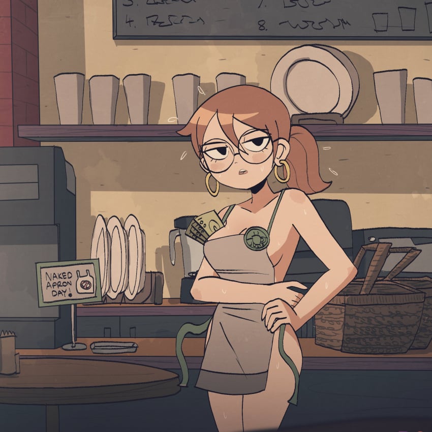 1girls apron barista black_eyes blush brown_hair earrings female glasses hand_on_hip hoop_earrings julie_powers kt-draws money naked_apron nude nude_female partially_clothed ponytail scott_pilgrim short_hair solo solo_female sweat workplace