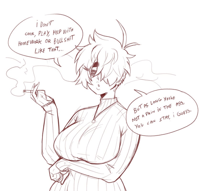 1girl 1girls arm_below_breasts aunt aunt_hellen_(insouwu) big_breasts boobs breasts cigarette cigarette_smoke collar earring earrings female female_focus female_only hair_over_one_eye holding holding_cigarette holding_object insouwu messy_hair milf nipples_visible_through_clothing oc original_character pose short_hair sketch sweater text text_bubble thick thick_hips thick_thighs