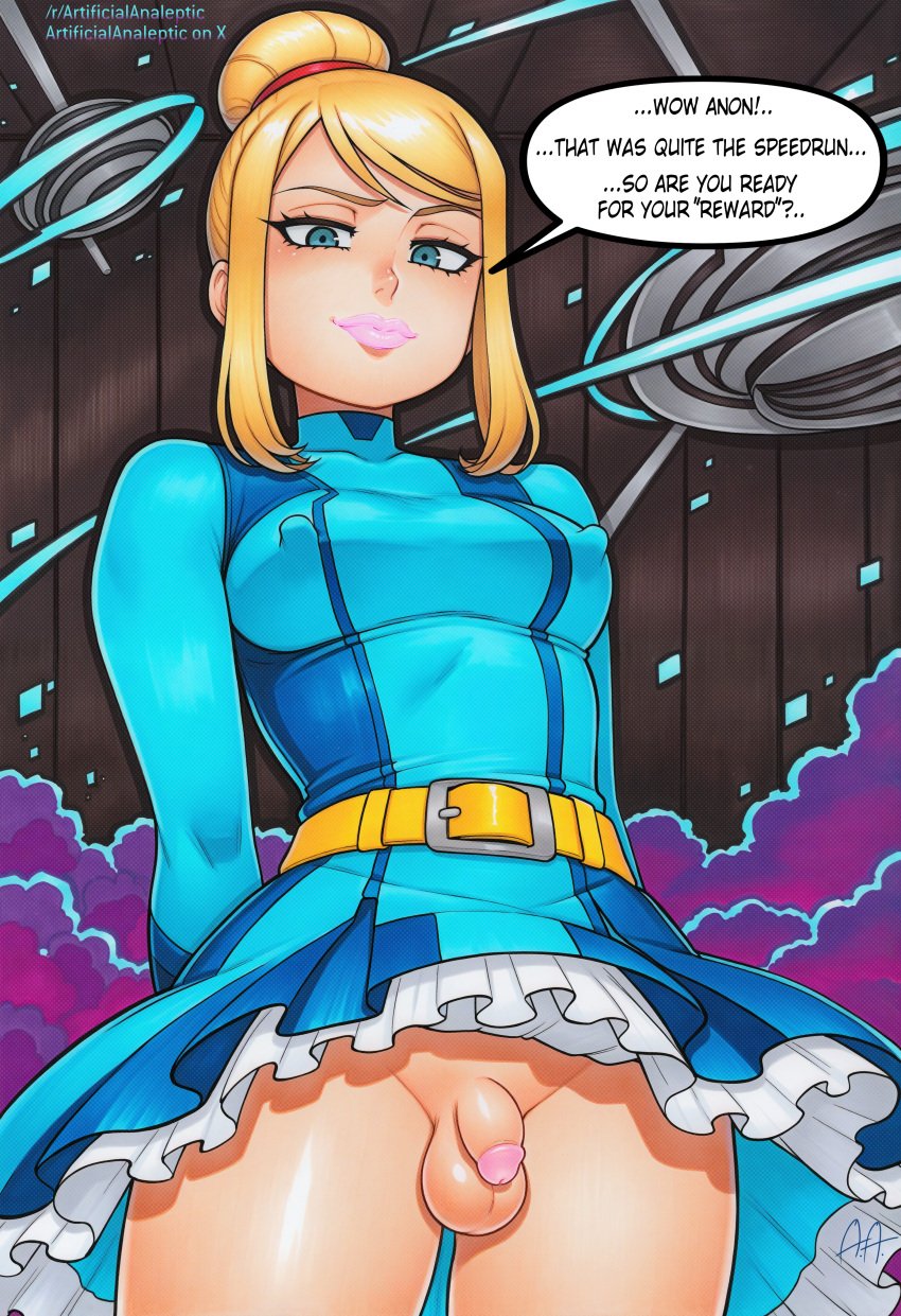 1futa 1futanari ai_generated arms_behind_back artificialanaleptic bangs belt big_nipples blonde_hair blue_eyes blush breasts clothing dress english_language english_text flaccid flaccid_cock flaccid_futa flaccid_penis futa_only futanari hair_bun hard_nipples intersex intersex_only light-skinned_intersex light_skin lips lipstick long_hair looking_at_viewer looking_down makeup medium_breasts metroid micropenis nipples_bulge nipples_visible_through_clothing penis pink_lips ponytail samus_aran skin_tight skirt small_penis small_penis_futa small_penis_humiliation small_testicles smile solo standing swept_bangs testicles text thighs tied_hair tiny_penis zero_suit