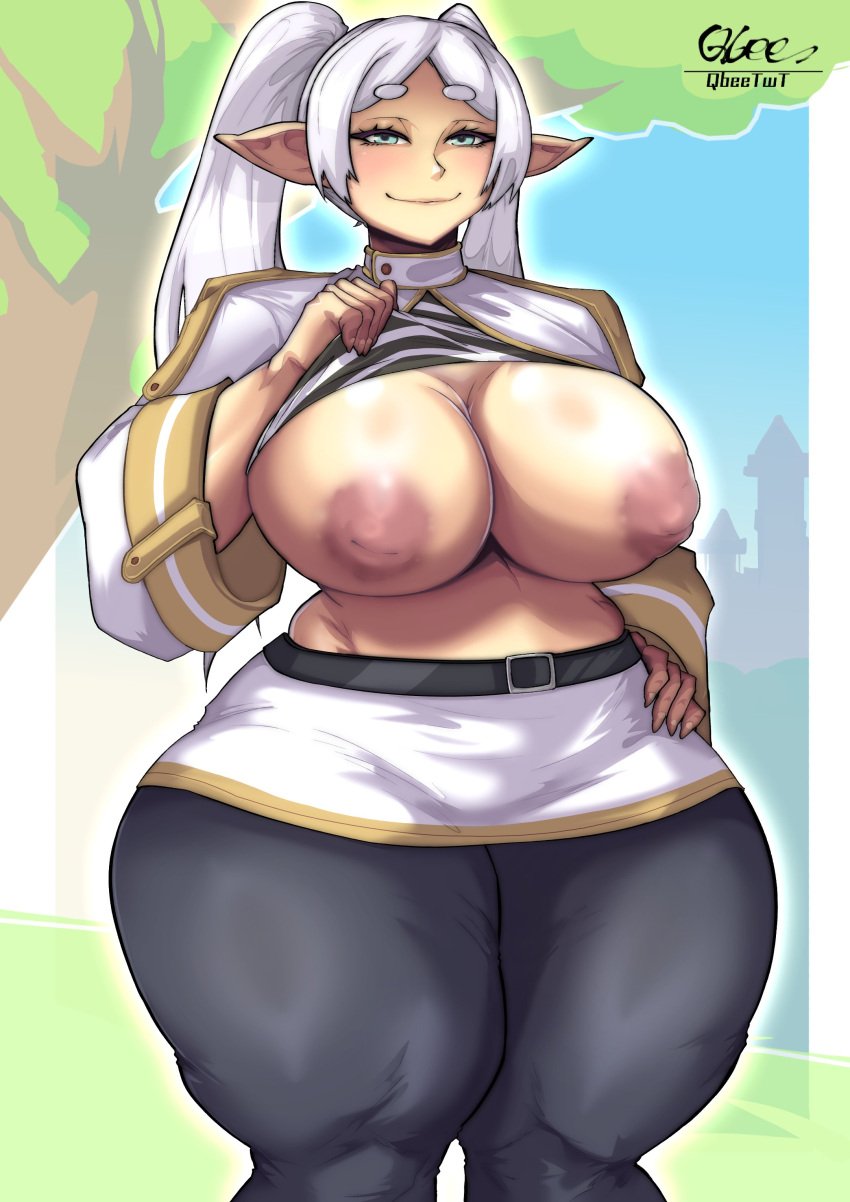 1girls absurd_res absurd_resolution absurdres areola areolae artist_name artist_signature bare_breasts bare_midriff big_breasts black_pants blue_eyes blush blush blushing_at_viewer breast_focus breasts breasts_focus breasts_out busty clothed clothed_female curvaceous curvy curvy_female curvy_figure day daytime elf elf_ears elf_female elf_girl exposed_breasts exposed_midriff eye_contact female female_focus female_only frieren hand_on_hip hi_res high_resolution highres inverted_nipples large_breasts lifting_shirt light-skinned_female light_skin long_ears long_hair looking_at_viewer mature mature_female midriff milf nipples outdoors outside pants pink_areola pink_areolae pink_nipples pointy_ears pov_eye_contact presenting presenting_breasts qbee shirt_lift shirt_up smile smiling smiling_at_viewer solo solo_female solo_focus sousou_no_frieren tagme thick_thighs thighs twintails twintails voluptuous voluptuous_female white_hair white_shirt