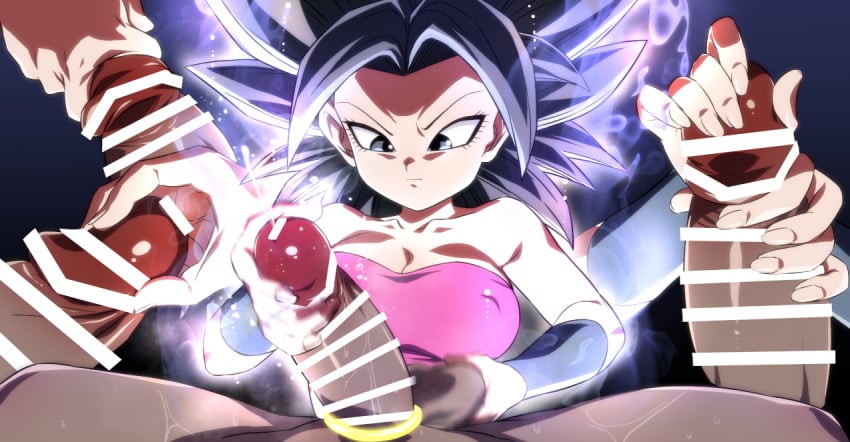 1boy 1girls black_hair breasts caulifla censored cleavage clothed_female_nude_male dragon_ball dragon_ball_super goddess handjob huge_breasts male_pov pov precum rom shounen_jump ultra_instinct ultra_instinct_sign