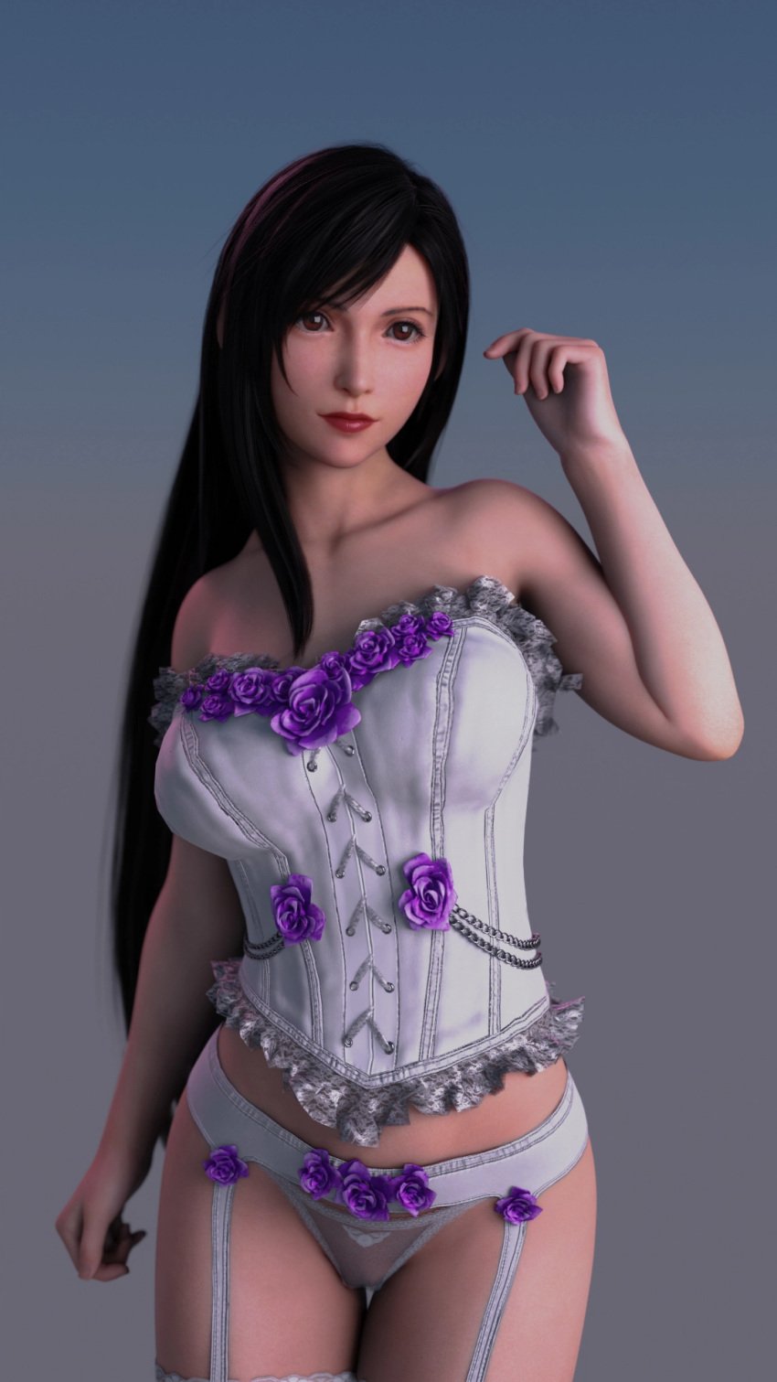 3d 3d_model black_hair corset final_fantasy final_fantasy_vii final_fantasy_vii_remake fit_female garter_belt garter_straps lingerie lipstick long_hair posing red_eyes red_lips red_lipstick see-through see-through_clothing see-through_panties simple_background stockings tifa_lockhart wedding_lingerie