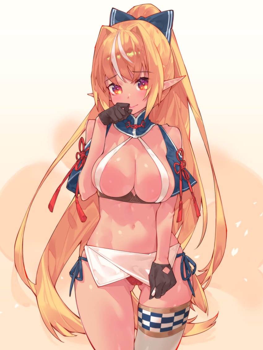 1girls blonde_hair blush breast_strap breasts buttfang clothing elf eyebrows_visible_through_hair female female_focus female_only gloves hair_ribbon half_elf hololive hololive_fantasy hololive_japan midriff one_stocking orange_eyes pointy_ears ponytail shiny_skin shiranui_flare simple_background tanned_skin virtual_youtuber waterring