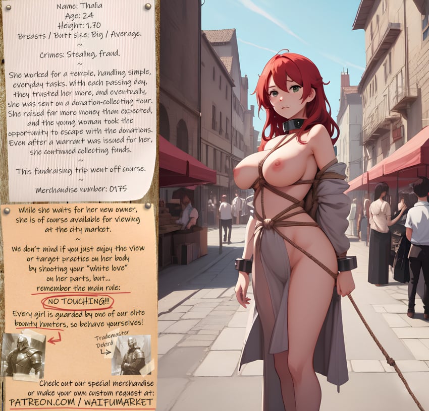 ai_generated anime big_breasts big_breasts big_breasts bondage bondage bounty_hunters collar cute edited fantasy female fictional green_eyes market naked nude photoshop red_hair red_hair roleplay ropes slave slavegirl slavery waifu