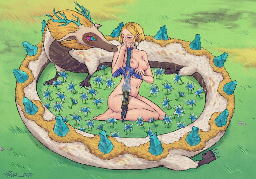 blonde_hair braid breasts claws colored_sclera completely_nude crown_braid dragon dragon_horns dual_persona eastern_dragon flower grass horns light_dragon_(zelda) looking_at_another master_sword medium_breasts nipples nude pointy_ears preka princess_zelda purple_sclera short_hair silent_princess spines the_legend_of_zelda the_legend_of_zelda:_tears_of_the_kingdom very_long_ears zelda_(tears_of_the_kingdom)