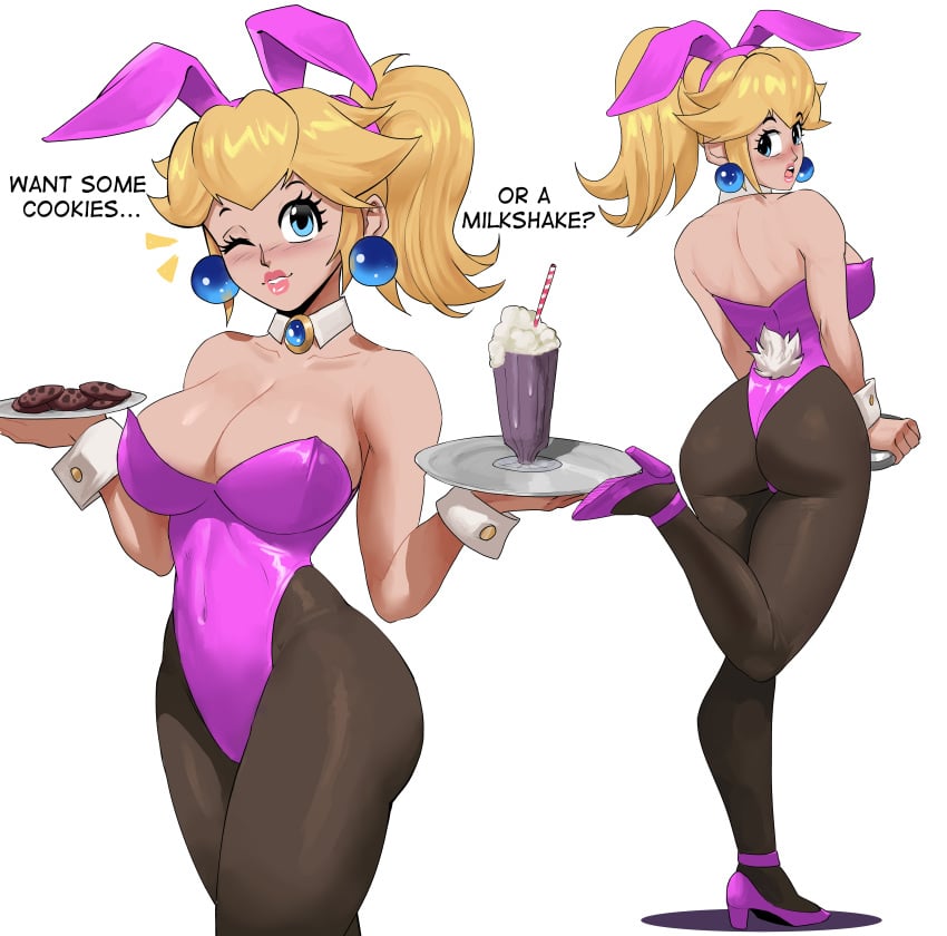 1girls absurd_res alternate_breast_size ass blonde_hair blue_eyes breasts bunny_ears bunny_girl bunnysuit cleavage clothing cookie drinking_straw echosaber english_text female female_focus female_only food full_body high_heels leotard looking_at_viewer looking_back mario_(series) milkshake multiple_views nintendo one_eye_closed pantyhose pink_leotard png ponytail princess_peach shoes simple_background solo standing strapless strapless_leotard tagme text tied_hair waitress white_background wink wrist_cuffs