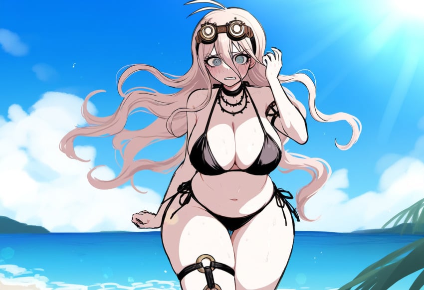 1girls ai_generated beach bikini cute_face danganronpa danganronpa_v3 iruma_miu large_breasts looking_at_viewer looking_down novelai solo solo_female thick_thighs wide_hips