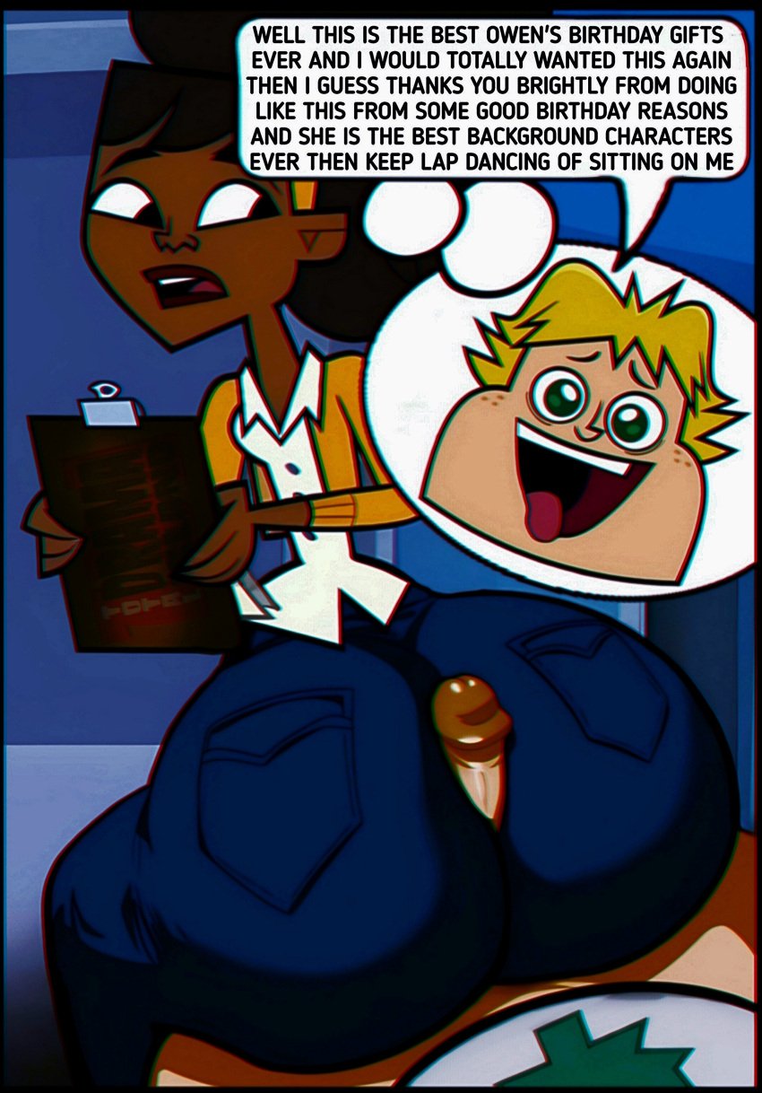 african_female afro ass background_characters big_butt big_penis blonde_hair blue_jeans buttjob buttjob_over_clothes cartoon_network covered_buttjob dry_humping edit edited_screencap erection green_eyes older_female owen_(tdi) pedophilia smaller_male speech_bubble teletoon total_drama_island total_dramarama white_shirt yellow_headband yellow_jacket