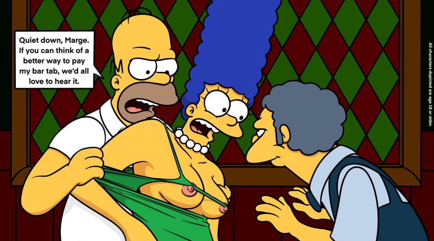 1girls 20th_century_fox 20th_century_studios 2boys bar blue_hair breasts breasts_out clothing dialogue female gray_hair green_dress homer_simpson human indoors lockandlewd looking_at_another male marge_simpson moe_szyslak nipples open_mouth ripping_clothes smile straight text the_simpsons yellow_skin