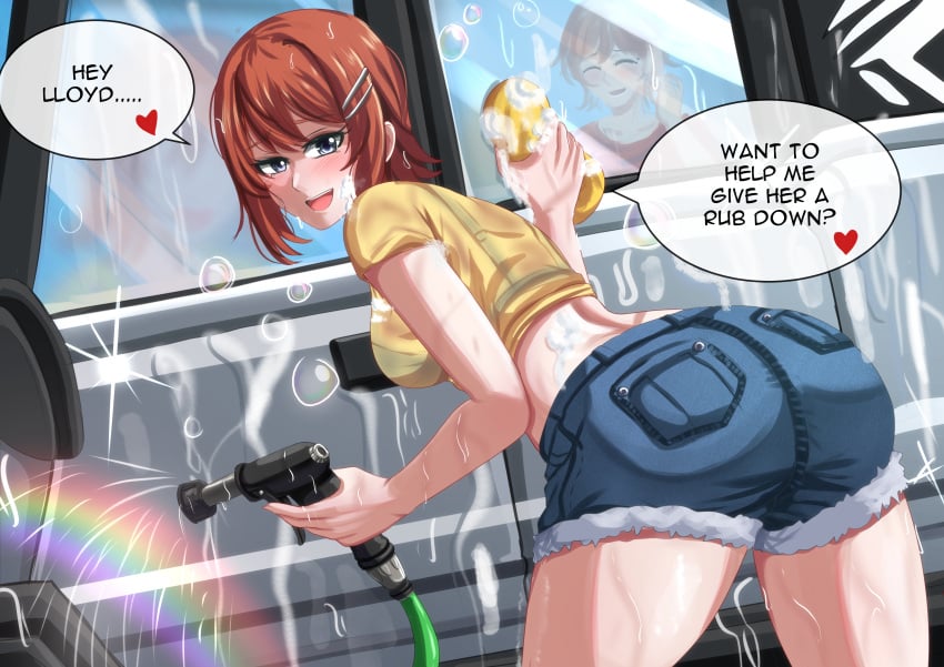 1girls ass bending_over brown_hair car car_wash eiyuu_densetsu jean_shorts looking_back noel_seeker orcaomega red_hair shorts smile soap_bubbles t-shirt text the_legend_of_heroes wet wet_clothes