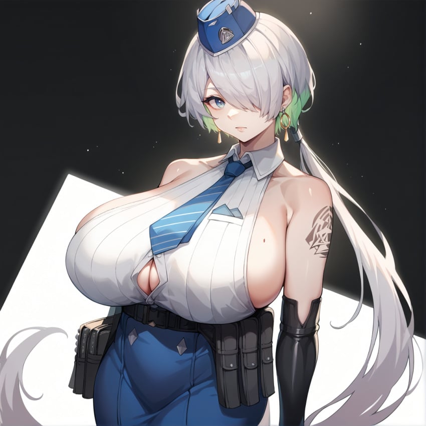 ai_generated blue_eyes breasts_bigger_than_head brid_(nikke) cleavage colored_inner_hair garrison_cap goddess_of_victory:_nikke gray_hair grey_hair hair_over_one_eye huge_breasts kao140522 low_ponytail mole mole_on_breast shoulder_tattoo sleeveless_shirt