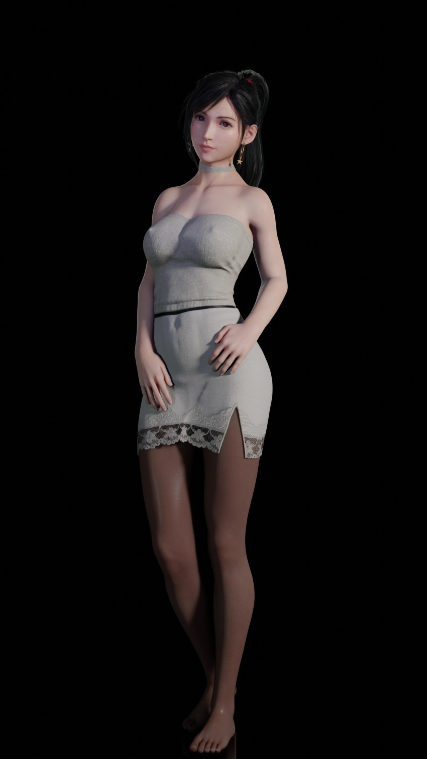 3d black_background black_hair casual choker feet final_fantasy final_fantasy_vii final_fantasy_vii_remake fit_female jewelry long_hair looking_at_viewer nipple_bulge pinup ponytail posing red_eyes simple_background skirt strapless_top tifa_lockhart white_skirt white_top