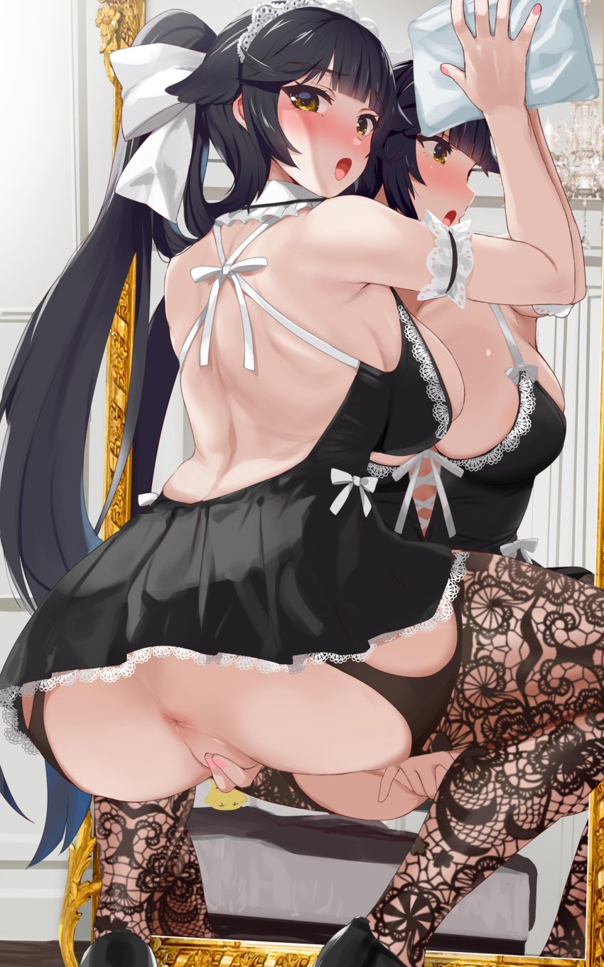 1girls absurdres alternate_costume anus ass azur_lane big_breasts black_dress black_hair blush breasts brown_eyes cleavage dress enmaided female female_masturbation from_behind garter_straps highres kusaka_souji lace-trimmed_panties lace_trim large_breasts light-skinned_female light_skin long_hair looking_at_viewer looking_back maid maid_headdress masturbation mirror panties ponytail sakura_empire_(azur_lane) second-party_source solo squatting swept_bangs takao_(azur_lane) thighhighs underwear