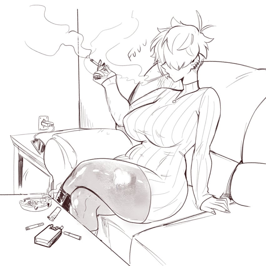 1girl 1girls aunt aunt_hellen_(insouwu) big_breasts blowing_smoke boobs boots breasts cigarette cigarette_smoke collar couch earring earrings female female_focus female_only hair_between_eyes hair_covering_eyes holding holding_cigarette holding_object insouwu legs legs_crossed messy_hair milf nipples_visible_through_clothing oc original_character phone pose short_hair sketch sweater text text_bubble thick thick_hips thick_thighs thigh_highs thighhighs thighs