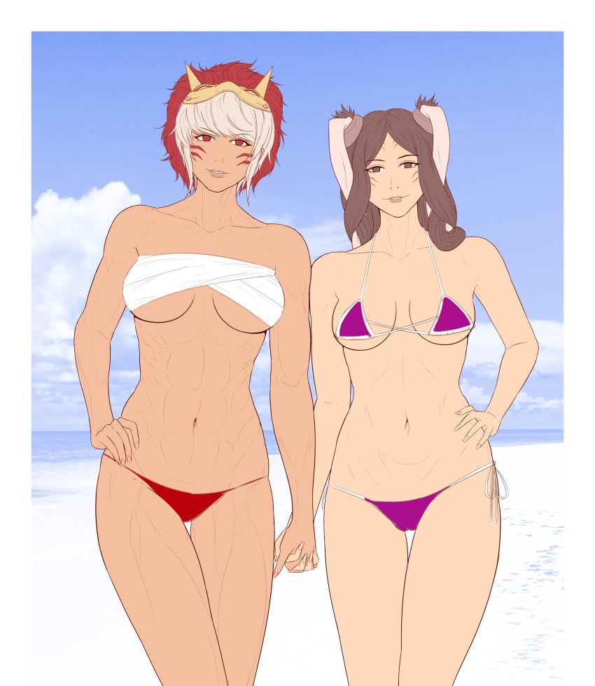 2girls abs alternate_costume bare_legs bikini bikini_bottom breasts brown_eyes brown_hair bunny_ears female_only fire_emblem fire_emblem_awakening fire_emblem_fates hand_holding humanoid long_hair looking_at_viewer mask_on_head medium_breasts micro_bikini multiple_girls muscular muscular_female navel nintendo niramoli oni_mask panne_(fire_emblem) purple_bikini purple_swimsuit red_bikini red_bikini_bottom red_eyes rinkah_(fire_emblem) sarashi short_hair sideboob smile string_bikini swimsuit taguel underboob white_hair