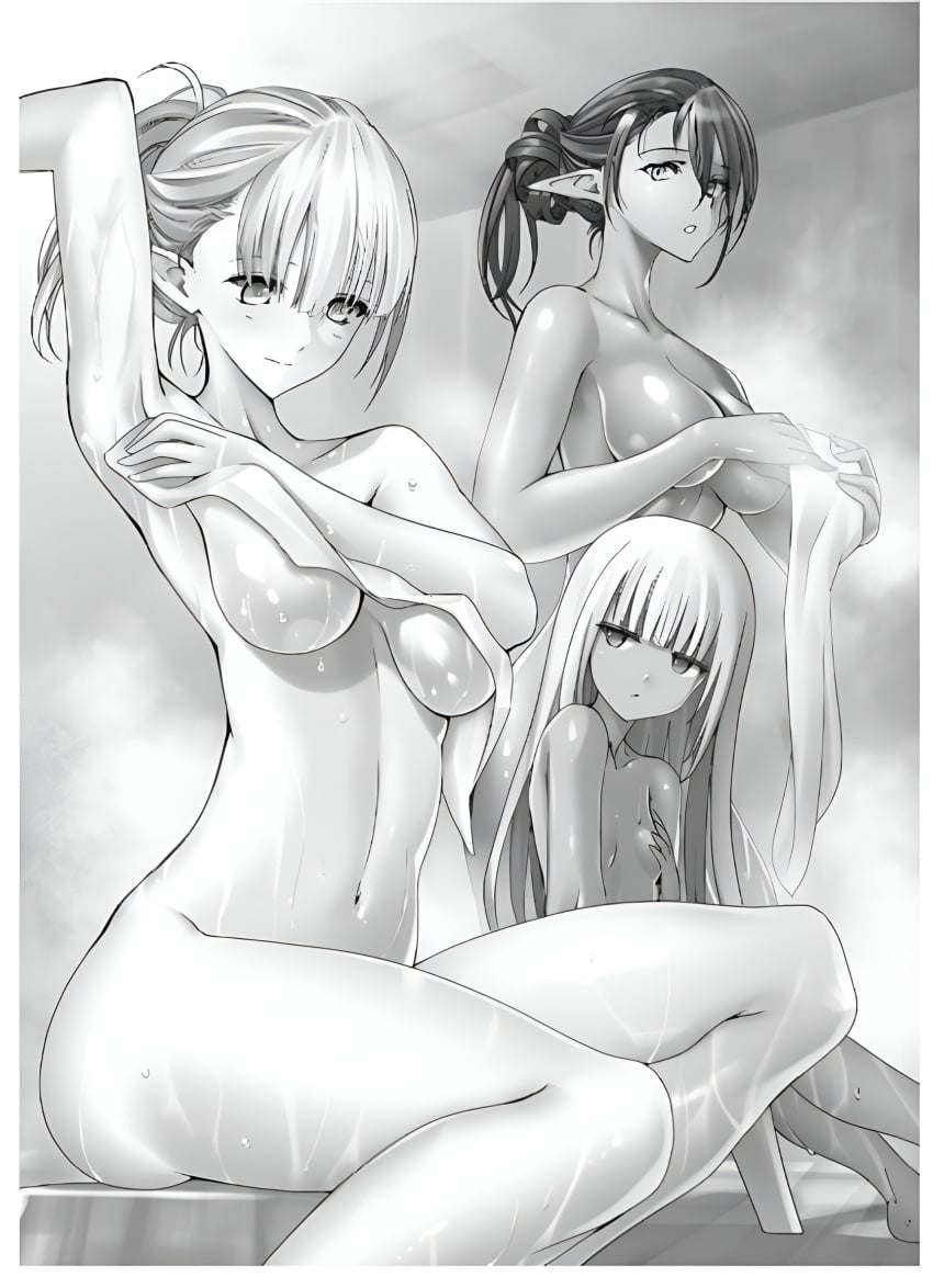 3girls arm_up armpits ass_visible_through_thighs bare_arms bare_belly bare_legs bare_shoulders bare_thighs barefoot bathing belly_button big_breasts black_and_white black_hair blush breasts closed_mouth collarbone completely_nude convenient_censoring dark-skinned_female dark_elf elf_ears erika_anarveil failure_frame:_i_became_the_strongest_and_annihilated_everything_with_low-level_spells feet_out_of_frame kawanakajima lisbeth_(failure_frame) long_hair novel_illustration nude official_art parted_lips pointy_ears same-sex_bathing seras_ashrain shared_bathing shiny_skin small_breasts smile soap thighs tied_hair towel underboob wet_body