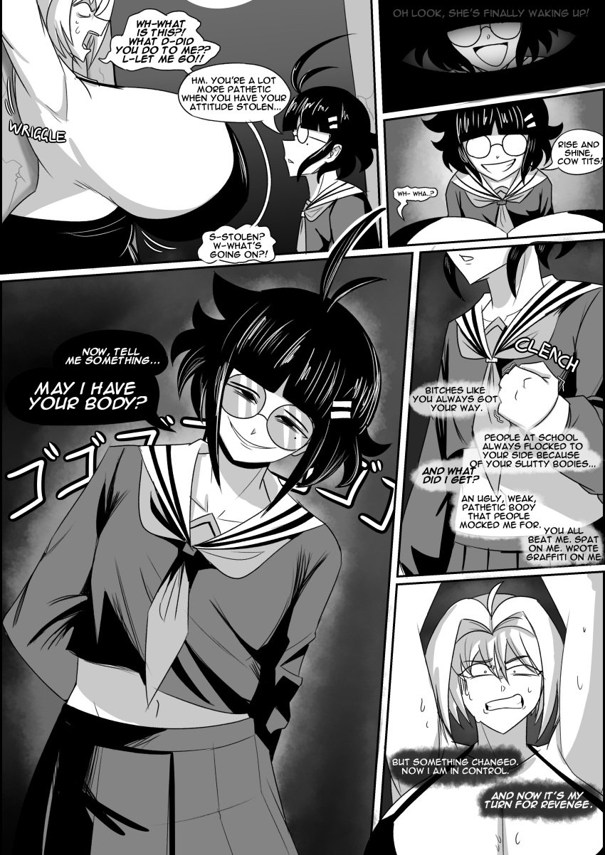 2girls against_wall ass_expansion asset_stealing attribute_swap attribute_theft breast_expansion bullying comic comic_page dialogue emmarrgus height_growth huge_ass huge_breasts keiko_(emmarrgus) onomatopoeia original original_character page_2 personality_change revenge school_uniform serafuku shrinking size_difference spirit