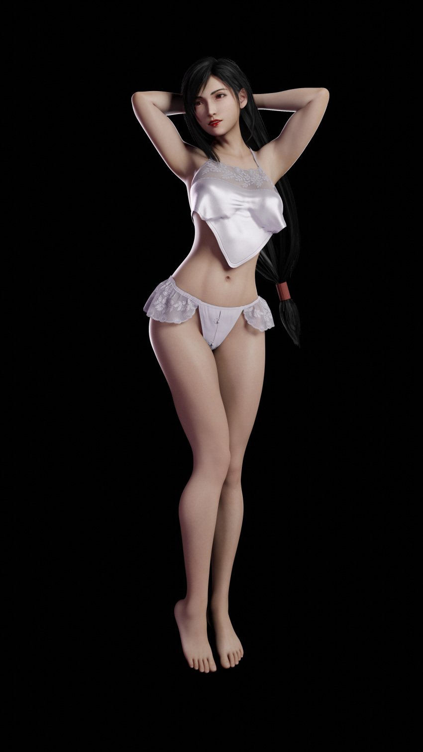 3d 3d_model black_background black_hair final_fantasy final_fantasy_vii final_fantasy_vii_remake fit_female hourglass_figure lingerie lipstick long_hair panties posing red_eyes red_lips red_lipstick simple_background sleepwear tifa_lockhart