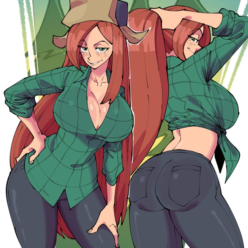 1girls ass big_breasts cloudiel freckles gravity_falls green_eyes huge_ass huge_breasts orange_hair sideboob smile solo_female trees wendy_corduroy