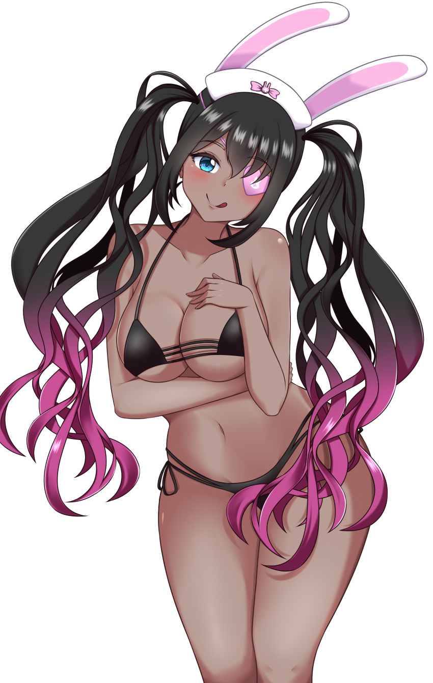 1girls bikini black_bikini black_hair breasts dark-skinned_female dark_skin eyepatch looking_at_viewer navel standing trinity_infinity virtual_youtuber white_background