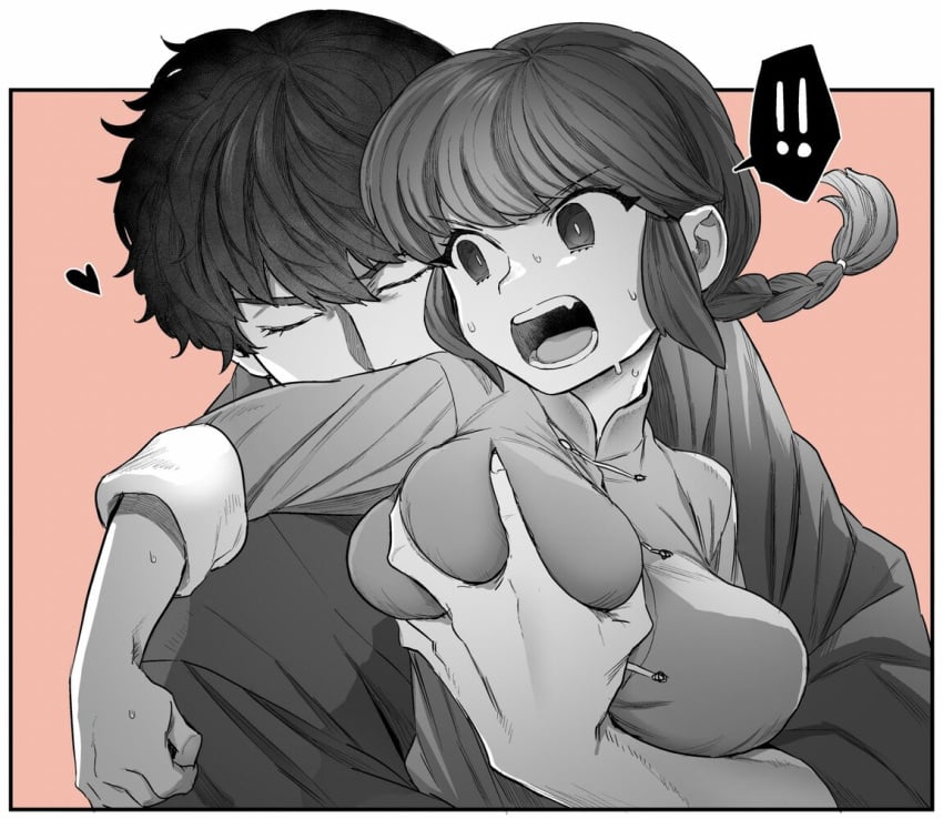 1boy 1girls angry annoyed bangs blonde_hair braid braided_ponytail breast_grab breast_squeeze breasts breasts_squeezed_together chinese_clothes closed_eyes clothing couple eyebrows eyebrows_visible_through_hair female genderswap_(mtf) grabbed_from_behind grabbing groping kimono large_breasts looking_at_another male monochrome open_mouth ponytail ranma-chan ranma_1/2 ranma_saotome robe rule_63 sharp_teeth short_hair single_braid sweat tatewaki_kuno teeth tied_hair traditional_clothes wafuku yoshiragi yszw