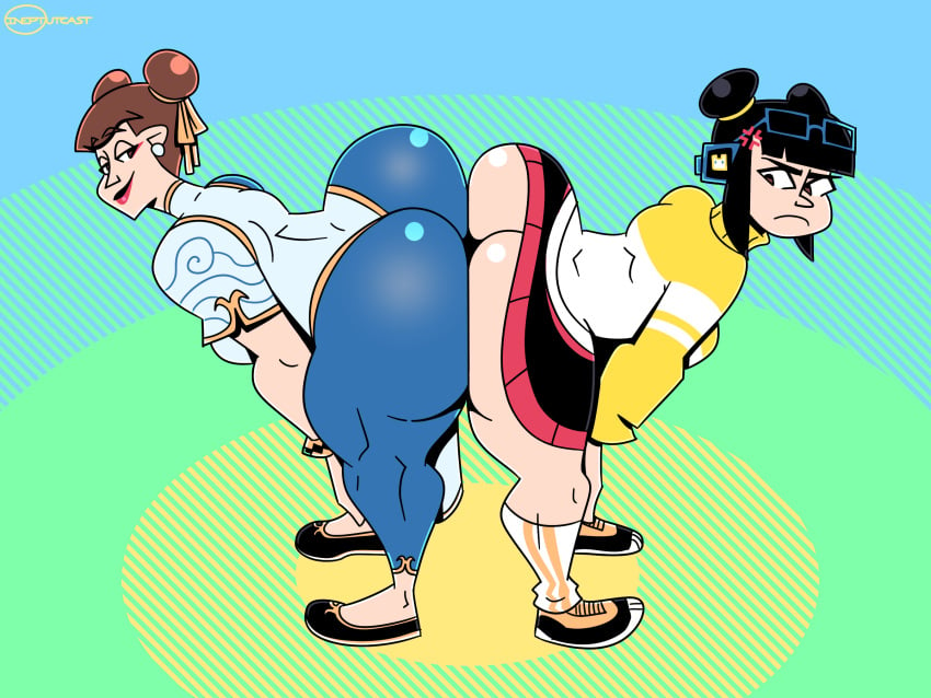 2girls ass ass_to_ass bent_over big_ass black_hair bottom_heavy brown_hair bubble_butt chun-li clothing dat_ass fat_ass goggles goggles_on_head huge_ass ineptoutcast large_ass li-fen looking_back massive_ass png smile smug street_fighter street_fighter_6 student student_and_teacher teacher thick_ass thick_thighs wide_hips