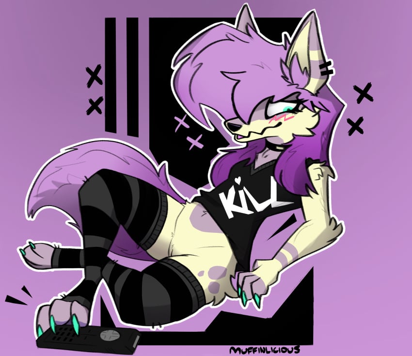 absurd_res alternative_fashion anthro belly blush bottomless canid canine clothed clothing colored_nails emo female friz genitals goth hair hi_res mammal muffinlicious nails partially_clothed purple_hair pussy solo sparklefur