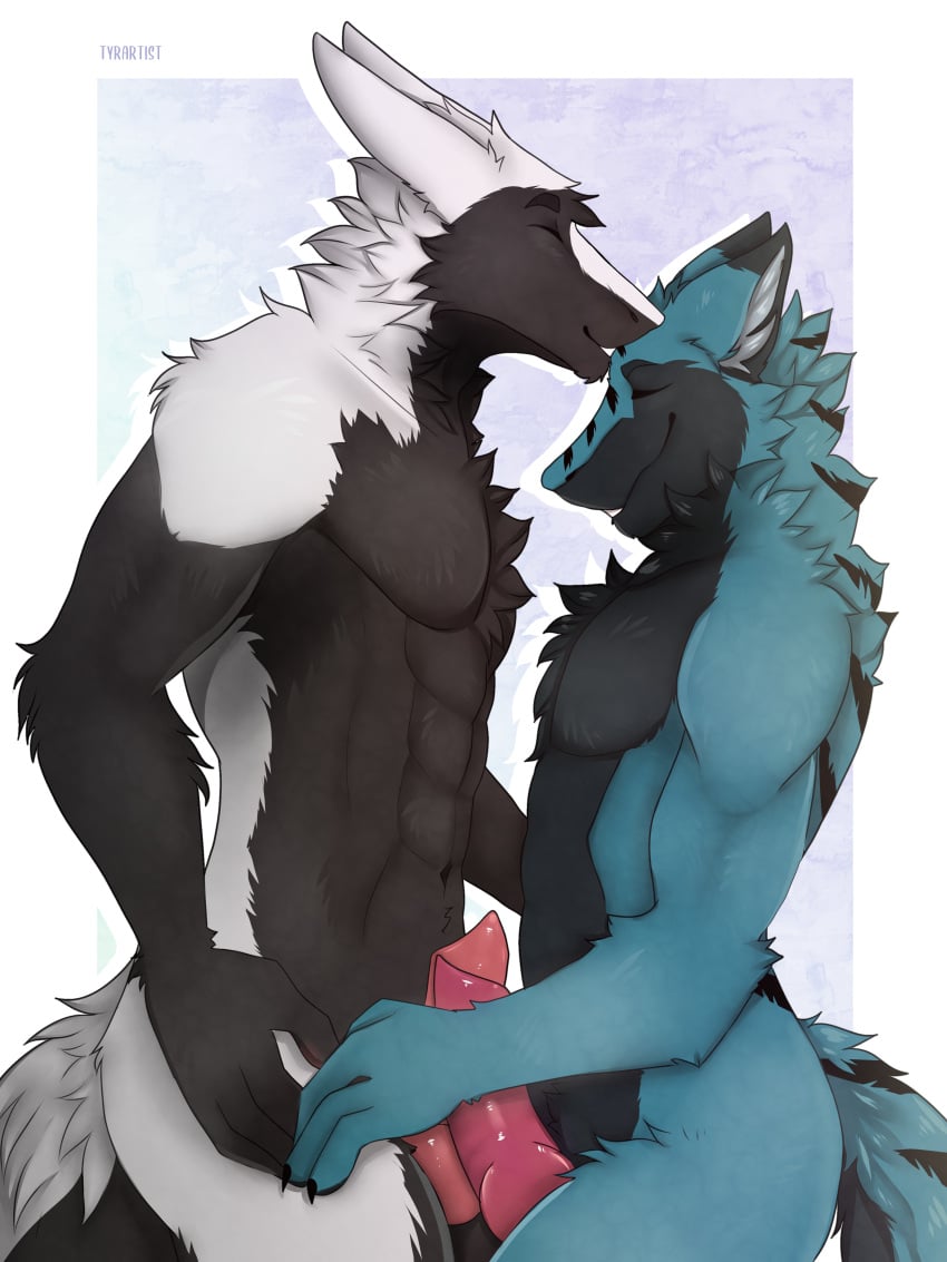 abs absurd_res anthro closed_eyes duo erection fur furred_kobold furred_scalie genitals hi_res knot knotted_penis kobold male male/male merlin_(aceonation) muscular penis penises_touching scalie sergal side_view smile standing supreme_admiral_cheese_(character) tyrartist