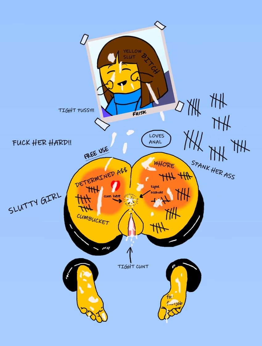 1girls after_anal after_sex after_vaginal anus ass big_ass big_butt body_writing cum cum_in_ass cum_in_pussy cum_inside cum_on_body cum_on_feet feet female female_focus female_frisk female_human female_only frisk frisky_69 glitchtale glory_hole glory_wall hardcore human imminent_sex open_mouth photo public_use pussy smile smiling stuck_in_wall undertale undertale_(series) undertale_au wall_writing