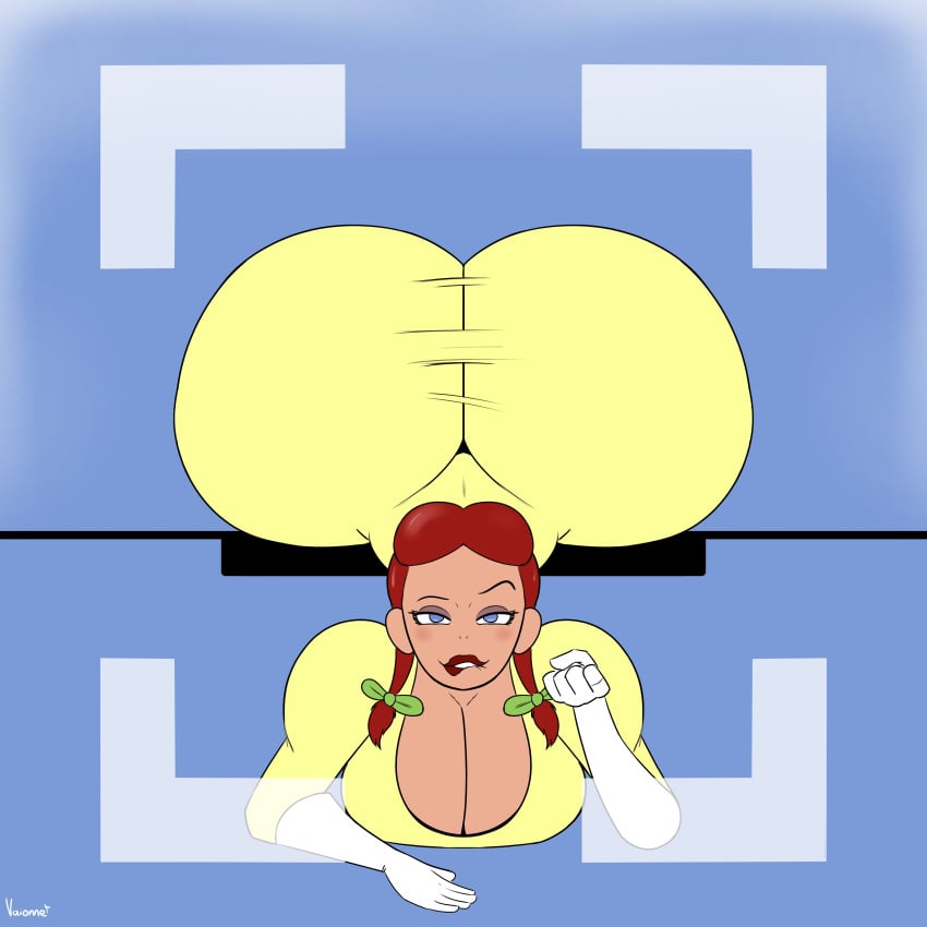 1female 1girls ass ass_focus big_ass biting_lip biting_own_lip blue_eyes breasts cleavage dumptruck_ass female female_only large_breasts lips red_hair slue-foot_sue solo solo_female stuck stuck_in_wall tagme twitter_link vaionnet yellow_dress