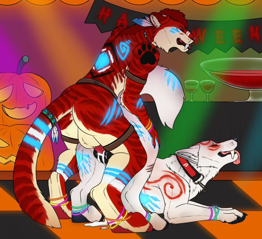 accessory all_fours amaterasu amaterasu_(okami) anatomically_correct anatomically_correct_genitalia anatomically_correct_pussy animal_genitalia animal_penis animal_pussy anthro anthro_on_feral anthro_penetrating anthro_penetrating_feral armband ass_up backsack balls bar biped black_pussy bodily_fluids bodypaint bracelet canid canine canine_genitalia canine_penis canine_pussy canis capcom closed_eyes clothing clover_studio collar container costume countershading cum cum_drip cum_in_pussy cum_inside cup deity detailed_background digitigrade doggy_style drinking_glass dripping duo erection face_paint fangs feather_in_hair feathers feet felid feline feline_genitalia feline_penis female female_on_anthro female_penetrated feral feral_penetrated food from_behind_position fruit fur genital_fluids genitals glass glass_container glass_cup glowing glowing_markings glowstick goddess hair hair_accessory halloween harness hi_res hindpaw holidays inside interspecies jack-o'-lantern japanese_mythology jewelry killthe_demon knot leaking_cum male male/female male_penetrating male_penetrating_female mammal markings monster_girl mythological_creature mythology nightclub okami okami_(capcom) open_mouth orgasm paint pantherine party pawpads paws penetration penile penile_penetration penis penis_in_pussy plant prehistoric_species public_domain pumpkin punch_bowl pussy quadruped raised_tail rave red_body red_fur red_markings saber-toothed_tiger sabertooth_(anatomy) sex smile striped_body striped_fur stripes tail tan_body tan_fur tattoo teeth tiger tongue tongue_out tribal tribal_tattoo vaginal_penetration white_body white_fur wine_glass wolf wolf_ears wolf_tail zoophilia