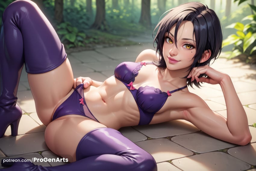 1girls ai_generated armpits black_hair boots bow bow_panties bra breasts cameltoe covered_nipples hi_res high_heel_boots high_heels lips looking_at_viewer lying medium_breasts merlin_(nanatsu_no_taizai) mole mole_under_eye navel outdoors panties patreon_username progenarts purple_bra purple_footwear purple_panties seven_deadly_sins short_hair smile solo spread_legs thigh_boots thighhighs underwear underwear_only yellow_eyes