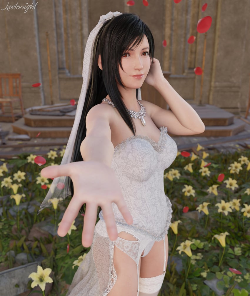 3d 3d_model black_hair bridal_lingerie bridal_veil bride church church_interior cleavage corset final_fantasy final_fantasy_vii final_fantasy_vii_remake fit_female garter_belt garter_straps jewelry lingerie long_hair outside panties red_eyes smile stockings tifa_lockhart wedding wedding_lingerie wedding_veil white_lingerie white_panties