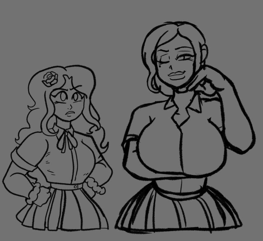 2girls angry_face bigger_female breasts clothed clothing duo female female_only fully_clothed grumpy huge_breasts human lana_wake long_hair maia_reyna rose_in_hair school_uniform sketch sqootshy standing tease wink