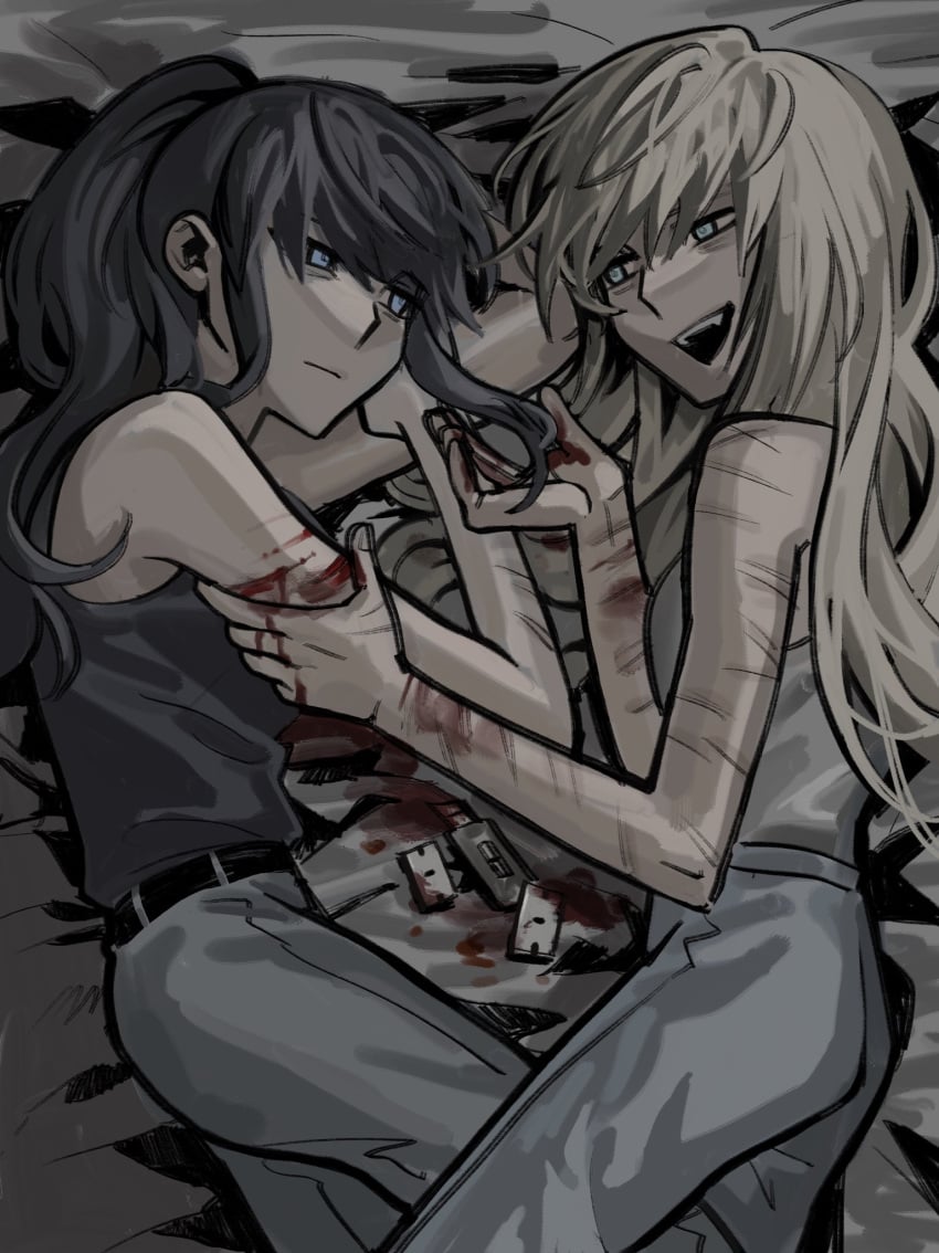 2d 2girls arms_behind_head belt black_hair black_shirt blonde blonde_female blonde_hair blonde_hair_female blood blue_eyes boobs breasts bugs_bug_me class_of_'09 couch emily_(class_of_'09) fang fangs female female_focus green_eyes holding_arm jeans legs_together medium_breasts messy_hair nicole_(class_of_'09) pale-skinned_female pale_skin ponytail razor razor_blade self_harm self_harm_scars shirt toxic_relationship toxic_yuri unhealthy unhealthy_relationship white_body white_shirt white_skin wound wounded yuri