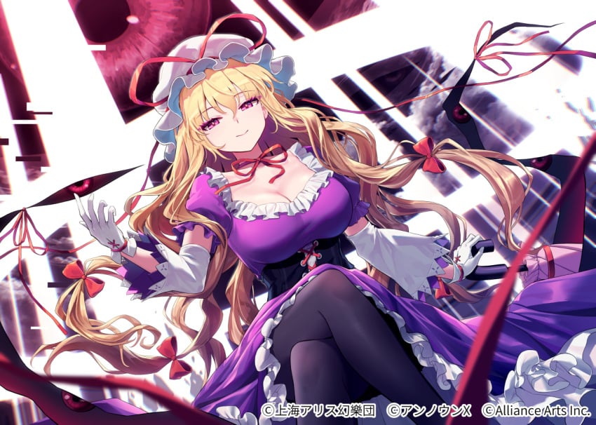 blonde_hair looking_at_viewer minust purple_dress touhou touhou_danmaku_kagura yakumo_yukari yukari_yakumo