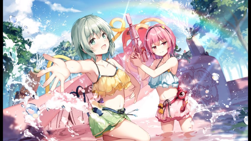 2girls beach koishi_komeiji official_art rainbow satori_komeiji short_hair splashing swimsuit tagme touhou touhou_danmaku_kagura water water_gun